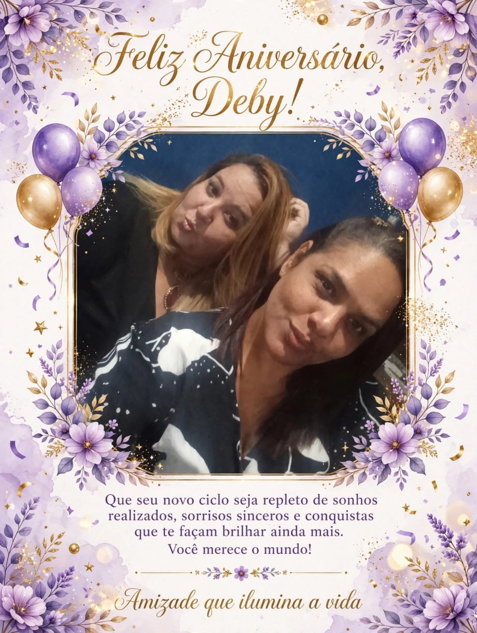 Feliz aniversário amiga!!!> Hoje é o dia dela! Feliz aniversário :tada::purple_heart:> Minha amiga, minha parceira, minha irmã de alma. Que seu novo ciclo seja repleto de sonhos realizados, sorrisos sinceros e conquistas que te façam brilhar ainda mais. Você merece o mundo!> Obrigada por iluminar minha vida com sua amizade. Te amo!> :balloon:> #AmizadeQueIluminaAVida #FelizAniversário